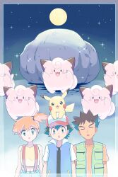 1girl 2boys :o ash_ketchum asymmetrical_hair baseball_cap black_hair blue_eyes blue_jacket blue_vest blush brock_(pokemon) clefairy creatures_(company) eyelashes game_freak gen_1_pokemon green_eyes gym_leader hair_tie hat highres jacket mei_(maysroom) misty_(pokemon) moon multiple_boys navel night nintendo on_head open_mouth orange_hair outdoors parted_lips pikachu pokemon pokemon_(anime) pokemon_(classic_anime) pokemon_(creature) pokemon_on_head ponytail rock shirt short_hair short_sleeves shorts side_ponytail sky sleeveless sleeveless_jacket sleeveless_shirt smile sparkle star_(sky) suspenders tongue vest white_shirt yellow_shirt