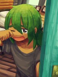 1boy black_shirt dark-skinned_male dark_skin green_hair hair_down hau_(pokemon) indoors looking_at_viewer male_focus nintendo open_mouth pokemon pokemon_sm sarami_(sa_rami30) shirt sleepy solo yawning