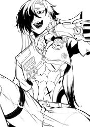 1boy abs absurdres arm_up belt belt_buckle boothill_(honkai:_star_rail) buckle cropped_jacket curtained_hair cyborg earrings feet_out_of_frame greyscale hair_over_one_eye highres honkai:_star_rail honkai_(series) jacket jewelry long_hair looking_down male_focus midriff mole mole_under_eye monochrome mrsw0911 multicolored_hair multiple_moles one_eye_covered open_mouth pants piercing sharp_teeth shell_casing sheriff_badge simple_background sitting smile solo spread_legs teeth thigh_belt thigh_strap tongue two-tone_hair unzipped very_long_hair white_background zipper