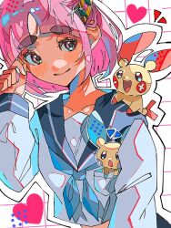 1girl alternate_costume blue_neckerchief blue_sailor_collar breast_pocket brown_eyes closed_mouth collarbone gen_3_pokemon grid_background hair_ornament hairclip hami_(3hm6gebdf619771) hand_up heart lacey_(pokemon) long_sleeves minun mismatched_eyebrows neckerchief nintendo on_shoulder pink_hair plusle pocket pokemon pokemon_(creature) pokemon_on_shoulder pokemon_sv sailor_collar school_uniform serafuku shirt short_hair smile thick_eyebrows white_shirt