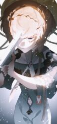 1girl absurdres aiming black_sleeves blue_eyes braid brown_hair clothing_cutout collarbone crown_braid debg0423 empty_eyes fate/grand_order fate_(series) gun gun_to_head hat highres holding holding_gun holding_weapon long_hair navel navel_cutout orange_hat overall_shorts overalls side_braid solo striped_clothes striped_headwear van_gogh_(fate) van_gogh_(first_ascension)_(fate) weapon yellow_hat zipper zipper_pull_tab