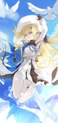 1girl absurdres black_gloves blonde_hair blue_sash book closed_mouth commentary gloves hair_ornament hat highres holding holding_book leo795 long_hair long_sleeves pantyhose phoebe_(wuthering_waves) purple_eyes sash shirt skirt smile solo tacet_mark_(wuthering_waves) very_long_hair white_hat white_pantyhose white_shirt white_skirt wuthering_waves x_hair_ornament