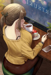 1girl bra_strap breasts brown_hair cafe cake cake_slice cellphone cup earrings food fork fruit hair_ribbon highres holding holding_cup holding_fork jewelry large_breasts nape original phone plant ponytail potted_plant restaurant ribbon silvertsuki sitting smartphone strawberry sweater watch wristwatch