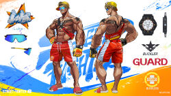 1boy abs absurdres bag biceps blonde_hair character_name chest_tattoo copyright_name fingerless_gloves flip-flops full_body gloves hand_on_own_hip highres luke_sullivan male_swimwear multiple_scars multiple_tattoos muscular muscular_male official_alternate_costume official_art pectorals reference_sheet sandals satchel scar shoulder_tattoo sideways_hat solo street_fighter street_fighter_6 sunglasses swim_trunks tattoo