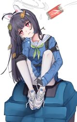 1girl animal_ears bags_under_eyes black_gloves black_hair blue_archive blue_shirt can child clueless dot_nose drink_can eyebrows_hidden_by_hair fake_animal_ears female_focus full_body gloves green_neckerchief halo hand_on_own_face head_rest head_tilt knee_pads knees_up long_hair long_sleeves looking_afar meemz_a miyu_(blue_archive) neckerchief nervous open_mouth pantyhose rabbit_ears red_eyes sailor_collar school_uniform serafuku shirt shoes simple_background sitting sneakers soda_can solo two-tone_gloves white_background white_gloves white_halo white_pantyhose white_sailor_collar white_shoes