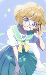 1girl absurdres adjusting_eyewear aozora_middle_school_uniform blue_eyes bright_pupils brown_hair closed_mouth commentary_request europa_715 glasses green_sailor_collar green_skirt grey-framed_eyewear hand_up high-waist_skirt highres ichinose_minori leaning_forward looking_at_viewer medium_hair neckerchief pleated_skirt precure round_eyewear sailor_collar school_uniform serafuku shirt short_sleeves skirt smile solo tropical-rouge!_precure white_pupils white_shirt yellow_neckerchief