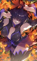 Rule 34 | 1girl, absurdres, antennae, arms up, aurora (tales), black hair, blue lips, boots, breasts, bug, butterfly, center opening, cleavage cutout, clothing cutout, commission, flower, hair over eyes, high heel boots, high heels, highres, insect, large breasts, leotard, leotard under clothes, lipstick, long sleeves, makeup, moth, orange flower, purple hair, short hair, smile, solo, tales of (series), tales of the world, tales of the world radiant mythology, thighhighs, wawatiku