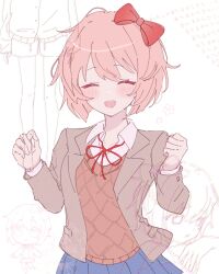 1girl :d blue_skirt blush bow collared_shirt cowboy_shot doki_doki_literature_club facing_viewer hair_bow hands_up highres jacket long_sleeves neck_ribbon open_mouth pink_hair pleated_skirt pote_(pote_39) red_bow red_ribbon ribbon sayori_(doki_doki_literature_club) school_uniform shirt short_hair skirt smile teeth upper_teeth_only white_background white_shirt