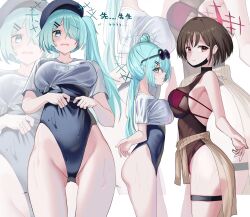 2girls absurdres ass bikini black_hair black_hat black_one-piece_swimsuit blue_archive blush breasts brown_eyes brown_jacket newsboy_cap closed_mouth clothes_around_waist cowboy_shot crying crying_with_eyes_open eyewear_on_head gluteal_fold green_eyes green_hair green_halo groin hair_over_one_eye halo hat highleg highleg_swimsuit highres hiyori_(blue_archive) jacket jacket_around_waist large_breasts long_hair misaki_(blue_archive) mooruck4 multiple_girls multiple_views one-piece_swimsuit open_mouth red_bikini red_halo school_swimsuit shirt short_hair short_sleeves side_ponytail simple_background sunglasses swimsuit swimsuit_under_clothes tears thigh_strap white_background white_shirt zoom_layer