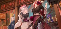 4girls aircctzillie aru_(blue_archive) aru_(new_year)_(blue_archive) black_hair black_kimono blue_archive blush closed_eyes closed_mouth demon_girl demon_horns floral_print floral_print_kimono flower fur_collar hair_between_eyes hair_bun hair_flower hair_ornament hairband haruka_(blue_archive) haruka_(new_year)_(blue_archive) highres horns japanese_clothes kayoko_(blue_archive) kayoko_(new_year)_(blue_archive) kimono long_hair looking_at_another looking_at_viewer multiple_girls mutsuki_(blue_archive) mutsuki_(new_year)_(blue_archive) official_alternate_costume official_alternate_hairstyle open_mouth ponytail print_kimono problem_solver_68_(blue_archive) purple_eyes purple_hair purple_hairband purple_kimono purple_sash red_eyes red_flower red_hair red_kimono red_sash sash sidelocks white_hair white_kimono white_sash yellow_eyes