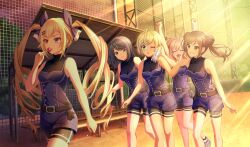 5girls ^_^ arms_up baseball_uniform belt belt_buckle bench bike_shorts bike_shorts_under_shorts black_belt black_shorts black_socks blonde_hair blue_hair blue_shirt blue_shorts blurry bottle bow brown_eyes brown_hair buckle candy chain-link_fence cinderella_series closed_eyes dark_blue_hair depth_of_field double_bun drill_hair evening fence food game_cg green_eyes grin hachigatsu_no_cinderella_nine hair_bow hair_bun hair_ornament hairclip highres holding holding_bottle holding_candy holding_food holding_lollipop ide_anzu kishi_fuuka kousaka_tsubaki light_rays lollipop long_hair looking_at_another multiple_girls net non-web_source official_art one_eye_closed orange_sky outdoors pink_hair plastic_bottle red_eyes sawada_rio shiomi_nagisa shirt short_hair shorts sky sleeveless sleeveless_shirt smile socks sportswear sunbeam sunlight sweat teeth twin_drills two-tone_bow walking white_footwear wooden_bench