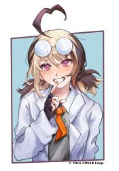 1girl absurdres ahoge alternate_costume black_gloves blonde_hair blue_background brown_hair closed_mouth coat coke-bottle_glasses collared_shirt commentary copyright_notice ear_piercing english_commentary eyewear_on_head fang fingerless_gloves gigi_murin glasses gloves hand_up heart heart_ahoge highres hololive hololive_english lab_coat lapels looking_at_viewer messy_hair multicolored_hair nail_polish necktie notched_lapels official_art orange_nails orange_necktie piercing pink_eyes round_eyewear shirt short_hair short_necktie short_twintails simple_background solo straight-on twintails two-tone_hair upper_body virtual_youtuber white_coat yuulianda