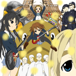 00s 4girls akiyama_mio bad_id bad_pixiv_id bass_guitar bird bison_(artist) bison_cangshu brown_hair bus censored eiffel_tower electric_guitar fish gibson_les_paul guitar highres hirasawa_yui ho-kago_tea_time censored_identity instrument k-on! kotobuki_tsumugi long_hair motor_vehicle multiple_girls panties penguin police school_uniform tainaka_ritsu the_beatles thighhighs underwear vehicle walrus
