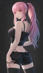 1girl absurdres ass ass_peek bare_shoulders black_background black_choker black_nails black_scrunchie black_shorts black_tank_top black_thighhighs blush breasts chain choker closed_mouth commentary earrings english_commentary fingernails hair_ornament hair_scrunchie heart heart_earrings heart_ring high_ponytail highres hololive hololive_english jewelry large_breasts long_hair looking_at_viewer looking_back median_furrow mori_calliope multiple_rings nail_polish nose okoge_lab pink_eyes pink_hair pink_lips ponytail ring scrunchie shorts skull_earrings skull_ring solo spiked_choker spikes tank_top thighhighs virtual_youtuber