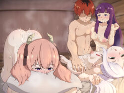 Rule 34 | 1boy, 3girls, aftersex, arehoko, bed, blush, boy on top, breasts, completely nude, cum, cum in pussy, cum on ass, cum on body, demon girl, demon horns, earrings, elf, facial, fern (sousou no frieren), floating earrings, frieren, hand on another&#039;s shoulder, harem, head on pillow, hetero, highres, horns, jewelry, linie (sousou no frieren), multiple girls, nipples, nude, pillow, pink hair, pointy ears, pout, prone bone, purple hair, sex, sex from behind, sousou no frieren, stark (sousou no frieren), sweat, white hair, yellow horns