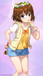1girl blue_eyes blue_shorts bow brown_hair brown_jacket commentary_request cup drawstring feet_out_of_frame flower flower_wreath fujima_takuya hand_up hat head_wreath holding holding_cup holding_unworn_clothes holding_unworn_hat hood hood_down hooded_jacket jacket looking_at_viewer lyrical_nanoha mahou_shoujo_lyrical_nanoha one_side_up orange_bow party_hat purple_flower shirt short_shorts short_sleeves shorts sleeveless sleeveless_jacket solo unworn_hat unworn_headwear white_flower white_shirt yagami_hayate yellow_flower yellow_shirt