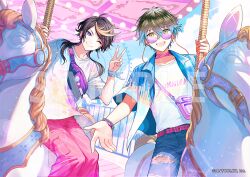 Rule 34 | bag, belt, black hair, blonde hair, blue sky, bracelet, brown hair, carousel, denim, english text, glasses, hair between eyes, ike eveland, jeans, jewelry, long hair, looking at viewer, nijisanji, nijisanji en, official art, one eye closed, open mouth, outdoors, outstretched arm, pants, parted bangs, pink belt, pink pants, purple-tinted eyewear, purple bag, riri (artist), sample watermark, short hair, short sleeves, shu yamino, sky, smile, tinted eyewear, v, virtual youtuber, watermark