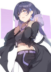 Rule 34 | 1girl, belt, black jacket, black shirt, black skirt, blue hair, blush, cowboy shot, crop top, cropped shirt, earrings, fishnet sleeves, fishnets, from side, gakuen idolmaster, hataya misuzu, highres, idolmaster, jacket, jewelry, long sleeves, looking at viewer, midriff, miya kazutomo, mole, mole under mouth, multicolored hair, navel, open clothes, open jacket, purple background, purple belt, purple hair, shirt, short hair, skirt, smile, solo, sweat, two-tone background, two-tone hair, two-tone skirt, white background, white skirt
