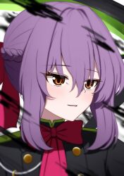 Rule 34 | 1girl, absurdres, black shirt, bow, braid, hair bow, half up braid, highres, hiiragi shinoa, owari no seraph, purple hair, red bow, red eyes, shirt, simple background, solo, upper body, watakaze, white background