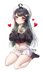 Rule 34 | 1girl, :3, ahoge, artist name, black hair, black shirt, black shoes, blush, cape, commentary, crop top, crop top overhang, cropped shirt, crossed bangs, dated, full body, gradient hair, green cape, hair intakes, hair ornament, heart, highres, leaf hair ornament, long sleeves, looking at viewer, loving aura, midriff, miniskirt, multicolored hair, navel, no pupils, orange eyes, original, parted lips, pleated skirt, shirt, shoes, simple background, sitting, skirt, solo, sphere hair ornament, swept bangs, symbol-only commentary, tacco (tikeworld), wariza, white background, white skirt