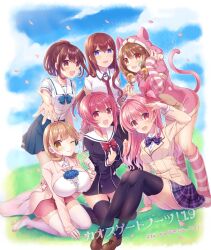 5pb. 6+girls :d ;) aizaki_momo animal_ears animal_hood anonymous;code black_dress black_thighhighs blue_eyes blue_flower blue_rose blue_skirt bow bowtie braid breasts brown_eyes brown_footwear brown_hair cat_ears cat_tail chaos;child chaos;head cherry_blossoms coat collarbone collared_shirt day detached_sleeves dress dress_shirt fake_animal_ears fake_tail flower gloves highres holding_hands hood hood_up hooded_sweater kneeling large_breasts leaning_forward loafers long_hair long_sleeves looking_at_viewer low_twintails makise_kurisu miniskirt multiple_girls narusawa_ryouka necktie nishijou_myu occultic;nine one_eye_closed onoe_serika open_mouth outdoors outstretched_arm pink_hair pink_skirt pink_sweater plaid_bow plaid_bowtie plaid_clothes plaid_skirt pleated_dress pleated_skirt ponytail purple_bow purple_bowtie purple_skirt reaching reaching_towards_viewer red_bow red_bowtie red_eyes red_hair red_necktie robotics;notes rose sailor_collar sailor_dress sailor_shirt sakihata_rimi school_uniform senomiya_akiho shirt shoes short_dress single_glove sitting skirt sleeves_past_wrists smile socks standing steins;gate striped_clothes striped_sleeves striped_socks sweater sweater_dress tail thighhighs twintails white_coat white_gloves white_sailor_collar white_shirt white_thighhighs wing_collar yellow_eyes zettai_ryouiki