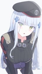1girl absurdres beret black_hat black_thighhighs breasts commentary_request girls&#039;_frontline green_eyes grey_hair hat highres hk416_(girls&#039;_frontline) jacket large_breasts leaning_forward long_hair looking_at_viewer open_mouth pleated_skirt simple_background skirt solo teardrop_facial_mark thighhighs uchikata_takeaki white_background