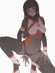 1girl big_belly giving_birth black_thighhighs blunt_bangs blunt_ends blush bodysuit bodysuit_under_clothes breasts brown_hair censored closed_mouth commentary covered_navel creature_inside detached_sleeves high_heels hime_cut inflation long_hair looking_at_viewer mdf_an medium_breasts mosaic_censoring original pregnant pussy pussy_juice ribbon-trimmed_legwear ribbon-trimmed_sleeves ribbon_trim sidelocks simple_background solo squatting sweat tentacles thighhighs vaginal wavy_mouth