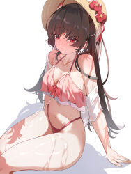 1girl absurdres azur_lane bare_shoulders bikini black_hair blush breasts cleavage closed_mouth ct.ender flower hair_between_eyes hat hat_flower highleg highleg_bikini highres long_hair looking_at_viewer medium_breasts navel off-shoulder_shirt off_shoulder official_alternate_costume pink_bikini red_eyes red_flower sakawa_(azur_lane) sakawa_(icy_indulgence)_(azur_lane) shirt sidelocks solo stomach swimsuit wet wet_clothes wet_shirt white_shirt yellow_hat