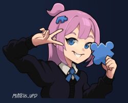 Rule 34 | blue eyes, high ponytail, holding, jigsaw puzzle, long hair, looking at viewer, mateus upd, original, parted bangs, pink hair, ponytail, puzzle, school uniform, smile, sweater, upper body, v