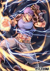 1boy abs armor belt belt_buckle blue_eyes blue_hair blue_shirt boots brown_belt brown_boots buckle clenched_hand commentary dejovanna electricity english_commentary fingerless_gloves gloves grey_pants hamon highres jojo_no_kimyou_na_bouken jonathan_joestar male_focus midriff muscular muscular_male navel pants pauldrons phantom_blood shirt shoulder_armor shoulder_pads sleeveless sleeveless_shirt solo teeth twitter_username