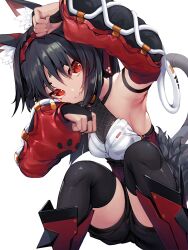 1girl :3 animal_ear_fluff animal_ears arm_strap armored_boots armpits barcode barcode_tattoo black_shorts black_sleeves black_thighhighs boots bridal_gauntlets cable cable_tail cat_ears cat_girl closed_mouth detached_sleeves eorx facial_mark forehead_tattoo hair_between_eyes hairband highres looking_at_viewer mechanical_tail nekomiya_mana red_boo red_eyes red_hairband red_sleeves short_shorts shorts simple_background slit_pupils solo tail tattoo thighhighs triangle triangle_facial_mark white_background zenless_zone_zero