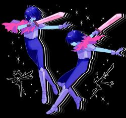 Rule 34 | 2others, armor, armored boots, armored gloves, beryllium game, black background, blue hair, blue skin, boots, colored skin, commentary, deltarune, english commentary, highres, holding, holding sword, holding weapon, kris (dark world) (deltarune), kris (deltarune), multiple others, multiple views, other focus, roaring knight, short hair, swinging weapon, sword, weapon