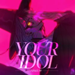 Rule 34 | 1girl, absurdres, amanda lee, black hanbok, cosplay, demon girl, fingernails, gat (hat), gatkkeun, glowing, glowing eyes, hanbok, hat, highres, jewelry, jinu (kpop demon hunters), jinu (kpop demon hunters) (cosplay), keisea, korean clothes, kpop demon hunters, long hair, looking at viewer, pink background, ring, second-party source, sharp fingernails, slit pupils, solo, upper body, yellow eyes