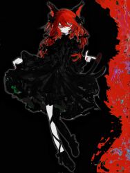 1girl akama_chlorine animal_ears black_dress black_shoes bow braid cat_ears cat_tail dress frilled_dress frilled_sleeves frills hair_bow highres kaenbyou_rin multiple_tails nekomata red_eyes red_hair red_nails shoes tail touhou twin_braids two_tails