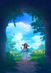 Rule 34 | 1girl, absurdres, au ito, bare arms, barefoot, bird, black hair, blue sky, bow, bush, closed mouth, cloud, cloudy sky, collarbone, cumulonimbus cloud, dress, falling leaves, floating clothes, floating hair, flower, grass, hat, hat bow, hat ribbon, highres, leaf, long hair, looking at viewer, nature, original, path, pink bow, pink eyes, pink ribbon, plant, power lines, ribbon, road, scenery, sky, sleeveless, sleeveless dress, smile, straight-on, straight hair, straw hat, sundress, tree, tunnel, utility pole, vines, waving, white dress, white flower, wide shot, wrist ribbon, yellow flower