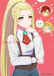 1girl alpaca amber_(fire_emblem) ascot blonde_hair dfhnokenbutu diamant_(fire_emblem) fire_emblem fire_emblem_engage hair_slicked_back high_ponytail highres jade_(fire_emblem) nintendo official_alternate_costume ponytail red_ascot sidelocks yellow_eyes
