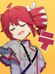 1girl ahoge buttons closed_eyes commentary detached_ahoge double-breasted drill_hair fin_gocco grey_jacket hair_ribbon jacket kasane_teto kasane_teto_(sv) long_sleeves open_mouth red_hair ribbon short_hair solo synthesizer_v twin_drills upper_body utau white_ribbon yellow_background