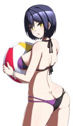 1girl :o ass back ball beachball bikini black_bikini bob_cut bracelet breasts butt_crack cowboy_shot ears_visible_through_hair female_focus from_behind halterneck highres holding holding_ball holding_beachball jewelry kaname_nagi large_breasts looking_at_viewer looking_back mole mole_under_eye nijisanji purple_bikini purple_hair shizuka_rin short_hair simple_background solo swimsuit virtual_youtuber white_background yellow_eyes