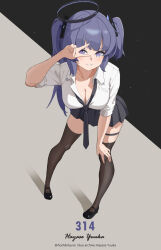 Rule 34 | 1girl, absurdres, black necktie, black shoes, black skirt, black thighhighs, blue archive, blush, breasts, cleavage, grin, hand on own knee, highres, hoshi kitsune, large pectorals, long hair, looking at viewer, necktie, official alternate costume, pectorals, pleated skirt, purple eyes, purple hair, shirt, shoes, sidelocks, skirt, sleeves rolled up, smile, solo, thigh strap, thighhighs, two-tone background, v, v over eye, white shirt, yuuka (blue archive)