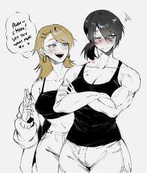 2girls absurdres annoyed black_tank_top blonde_hair blush breasts cosmetics crossed_arms earrings green_eyes hair_ornament hairpin heart highres hoop_earrings jacket jewelry kazuya_(kozun) large_breasts lipstick_mark lipstick_tube long_hair looking_at_another midriff multiple_girls multiple_hairpins muscular muscular_female one_eye_closed open_clothes open_jacket original ponytail sharp_teeth tank_top teeth veins veiny_arms yuri