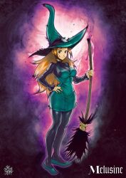 1girl aqua_dress aqua_hat broom commentary copyright_name dress english_commentary full_body green_dress green_shoes hand_on_own_hip hat highres holding holding_broom long_hair long_sleeves looking_at_viewer melusine melusine_(character) orange_hair shoes sidelocks smile solo the_golden_smurf witch