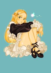 1girl alternate_costume apron aqua_background black_shirt black_shoes blonde_hair braid crossed_ankles frilled_apron frilled_sleeves frills full_body green_eyes hair_ornament hairclip highres hugging_own_legs legs light_blush long_hair long_sleeves looking_to_the_side maid_apron mary_janes navi nintendo own_hands_together parted_bangs pointy_ears princess_zelda puffy_long_sleeves puffy_sleeves shirt shoes sidelocks solo straight_hair the_legend_of_zelda the_legend_of_zelda:_breath_of_the_wild triforce turippy white_apron