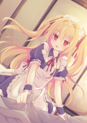 Rule 34 | 1girl, alternate costume, apron, bed sheet, black shirt, black skirt, black wrist cuffs, blonde hair, blush, center frills, collar, commentary request, commission, cowboy shot, detached collar, dutch angle, enmaided, floating hair, frilled apron, frilled collar, frilled cuffs, frills, hair between eyes, hair intakes, hair ribbon, highres, indoors, irotoridori no sekai, konoquro, long hair, maid, maid apron, maid headdress, neck ribbon, nikaidou shinku, open mouth, puffy short sleeves, puffy sleeves, red eyes, red ribbon, ribbon, shirt, short sleeves, sidelocks, skeb commission, skirt, smile, solo, textless version, twitter username, two side up, very long hair, white apron, wrist cuffs