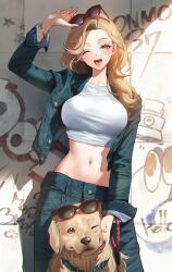 Rule 34 | 1girl, ;d, animal, blue jacket, blue pants, blush, bracelet, breasts, commentary request, denim, dog, eyewear on head, green eyes, gyaru, hand up, highres, jacket, jeans, jewelry, large breasts, leash, long sleeves, looking at viewer, medium hair, midriff, mole, mole under eye, navel, one eye closed, open clothes, open jacket, open mouth, original, pants, shirt, sino42, smile, solo, standing, sunglasses, tongue, tongue out, white shirt