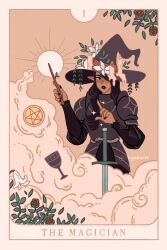 1girl armor black_hair black_lips black_nails black_shirt border candle candle_hat_ornament card_(medium) chalice cloud commentary cuirass cup dark-skinned_female dark_skin english_commentary english_text faulds flower hat hat_flower hat_over_one_eye hat_ribbon highres holding holding_wand long_hair looking_at_viewer mole mole_under_eye orange_background original pauldrons pentagram pink_border pointing pointing_up pointy_ears puff_and_slash_sleeves puffy_sleeves raylee red_flower red_rose rerebrace ribbon roman_numeral rose shirt shoulder_armor simple_background solo sun sword tarot tarot_(medium) the_magician_(tarot) twitter_username wand weapon white_flower witch_hat