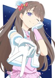 1girl ;) absurdres asymmetrical_gloves border bow brown_hair closed_mouth commentary cosplay diagonal-striped_bow elbow_gloves foreshortening frilled_shirt frills fujishima_megumi fur-trimmed_gloves fur-trimmed_jacket fur_trim gloves gyaru_v hair_bow hand_on_own_cheek hand_on_own_face highres jacket link!_like!_love_live! long_hair looking_at_viewer love_live! love_live!_school_idol_project mismatched_gloves morio_(mmorio_mu) one_eye_closed open_clothes open_jacket outside_border pink_shirt purple_eyes red_bow shirt smile snow_halation solo split_mouth two_side_up v virtual_youtuber white_border white_gloves white_jacket yazawa_nico yazawa_nico_(cosplay)