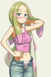 1girl arm_up blonde_hair blue_eyes breasts covered_erect_nipples cowboy_shot denim grey_background half-closed_eyes hand_on_own_hip highres holding holding_shirt holding_unworn_clothes jeans long_hair looking_at_viewer medium_breasts mina_(pokemon) navel nintendo paint_in_hair paint_splatter paint_splatter_on_face pants pokemon pokemon_sm ponytail shirt solo tank_top tsuichi unbuttoned unbuttoned_pants underwear unworn_shirt unzipped upper_body yellow_background