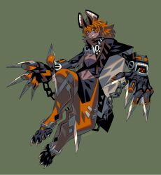 1boy animal_feet brown_bandana brown_pants chain chaps claws commentary_request dark-skinned_male dark_skin edarow freckles full_body green_background grin hyena_boy hyena_ears long_hair looking_at_viewer male_focus mechanical_arms midriff monster_boy orange_eyes orange_hair original pants simple_background smile solo