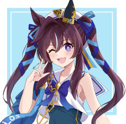 Rule 34 | 1girl, :3, ;d, animal ears, blue background, blue bow, blue bowtie, blue ribbon, blush, bow, bowtie, brown hair, hair between eyes, hair ribbon, hat, horse ears, horse girl, long hair, looking at viewer, mole, mole under eye, multicolored hair, nasupon 54115, one eye closed, open mouth, purple eyes, ribbon, sidelocks, simple background, smile, solo, streaked hair, twintails, umamusume, upper body, v, vivlos (umamusume), white hat