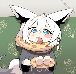 1girl :3 absurdres ahoge animal_ears black_shirt blush character_print clothes_writing cocomayo29_(tomato) commentary_request crying crying_with_eyes_open cuffs food fox_ears fox_girl fox_tail hair_between_eyes highres hololive korean_commentary licking_food long_hair miteiru_(shirakami_fubuki) pizza shackles shirakami_fubuki shirt solo tail tears tongue tongue_out virtual_youtuber wavy_eyes white_hair